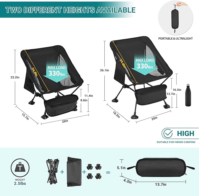 ATEPA Backpacking Chair Ultralight Folding Portable Small Camping Chairs for Adults Compact Foldable Beach Seat with Anti-Sinking Feet &amp Aluminum Frame for Outdoor Hiking Travel Fishing 2 Pack B