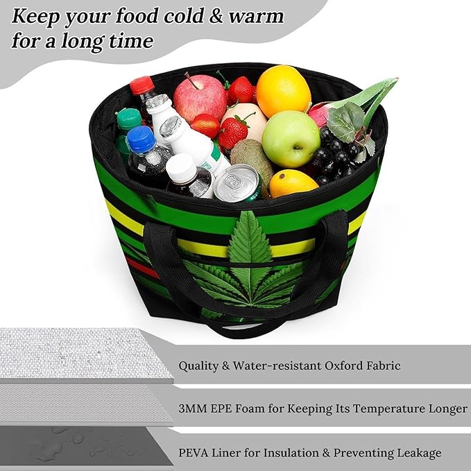 Insulated Shopping BagLarge Reusable Cooler Bags Weed Striped Printed Foldable Shopping BagTravel Waterproof Shoulder Bag