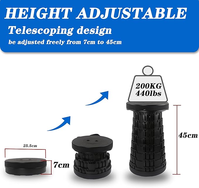 Folding Stool Collapsible Stool for Adults Portable Stools Foldable Sturdy Versatile Telescoping Ideal for Camping Fishing Hiking BBQ and Outdoor Adventure (Holds up to 440lbs Black)