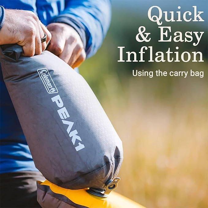 Coleman PEAK1 Sleeping Camp Pad with Integrated Valve System and Carry Bag for great for Backpacking Hiking and Rugged Car Camping Marigold