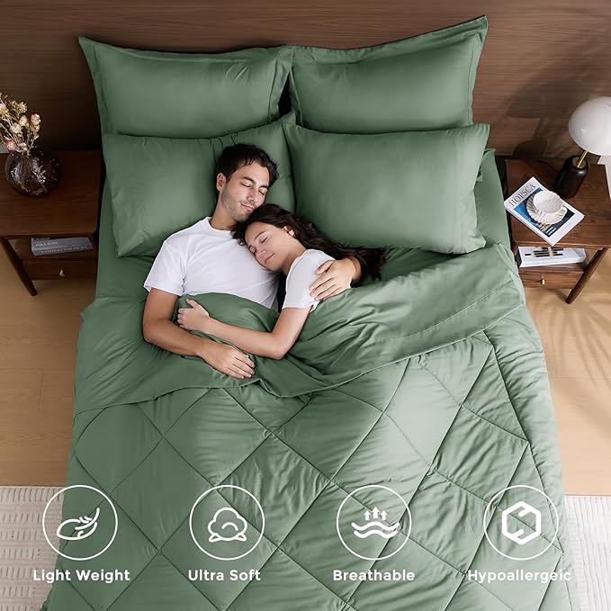 HEVUMYI Sage Green King Comforter Set - 7-Piece All Season Bed in a Bag King Ultra Soft Bedding Set with Comforter Flat Sheet Fitted Sheet Pillowcases Pillow Shams Sage Green