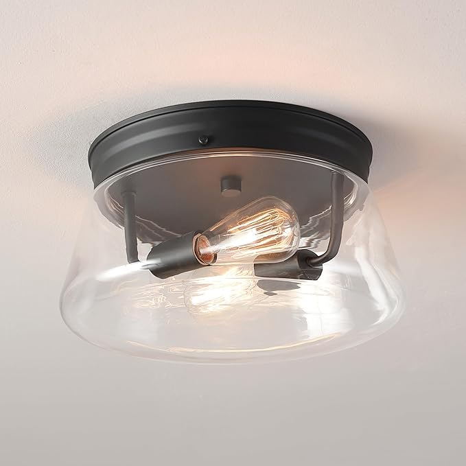 GLOBE Electric 44777 Aleyna 2-Light Outdoor Flush Mount Ceiling Light Matte Black Clear Glass Shade Bulb Not Included