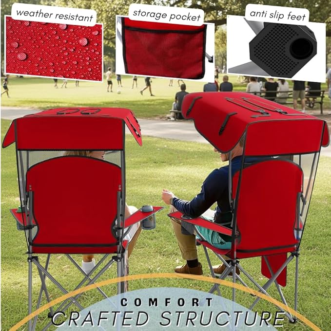 Portable Folding Camping Chairs with Canopy Shade Beach Chair for Adults Durable Weather Resistant 600D Oxford Cloth Camping Chair with Canopy for Outdoors [Red]