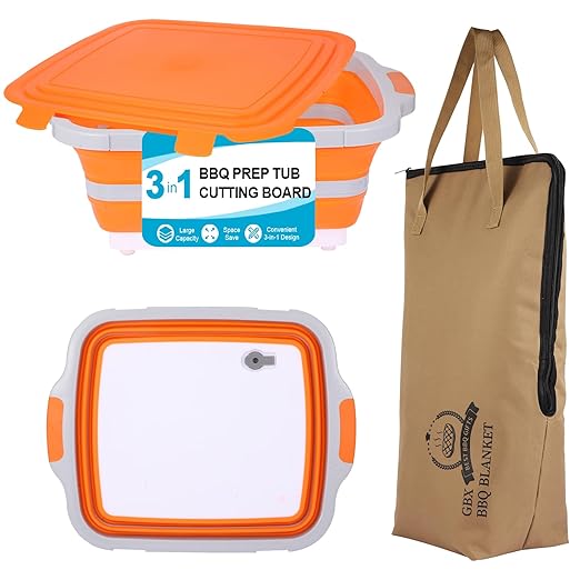 Collapsible Large BBQ Prep Tub &amp BBQ Resting Bag Foldable Cutting Board with Lid BPA Free Silicone Dish Bowl Leak Free Drain Hole for Meal Prep Marinating Food Storage(Orange)
