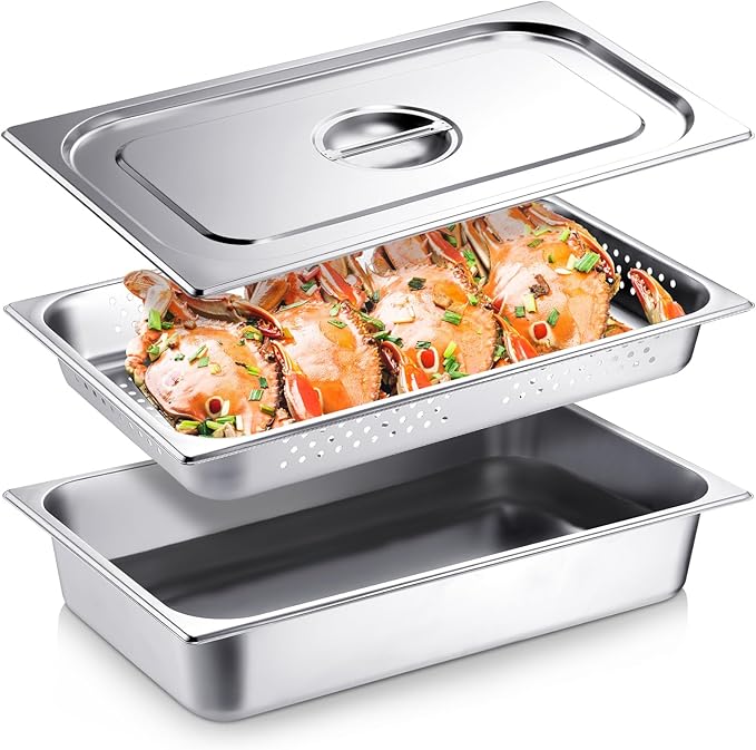 Ferraycle 3 Pack Full Size 2.6 Inch 4 Inch Hotel Pan with Lid Perforated Steam Table Pan Restaurant Supplies for Kitchen Steam Table Tray for Food Warmer