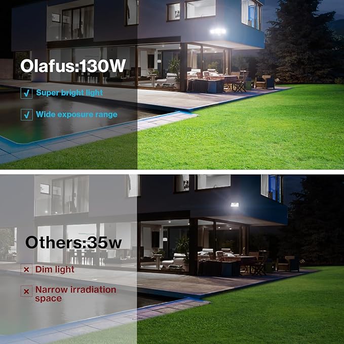 Olafus 130W Flood Lights Outdoor 13000LM Super Bright LED Flood Light IP65 Waterprooof Outdoor Flood Light Fixture 3 Adjustable Heads 6500K Exterior Security Lights for Yard Garage White