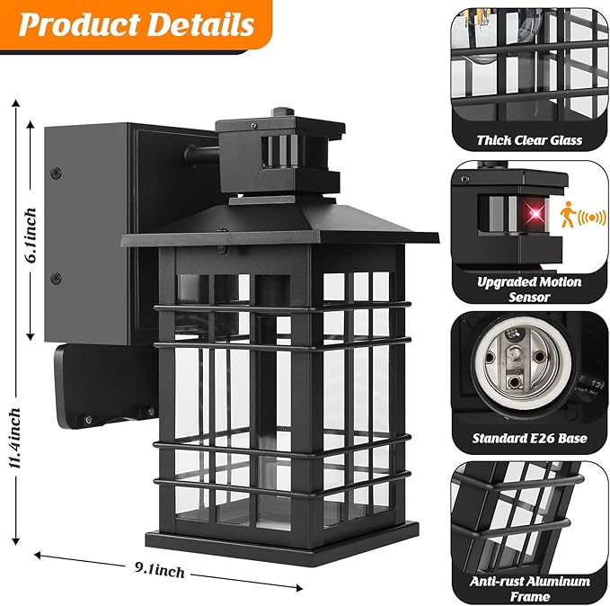 Motion Sensor Porch Light with GFCI Outlets 11.4'' Dusk to Dawn Outdoor Wall Light Black 3 Modes Front Door Exterior Light Fixture Waterproof Outside Light Wall Mount for House Garage