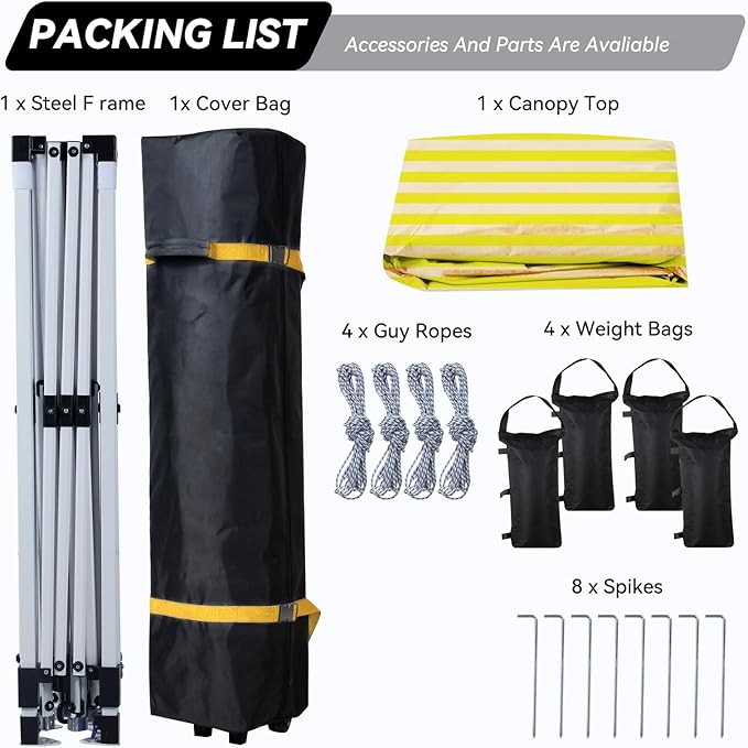 Nazhura 10' x 10' Pop Up Canopy with Sand Weight Bag Awing for Patio Freestanding Sun Shelter for Picnic and Camping One Person Setup White (Yellow Stripe)