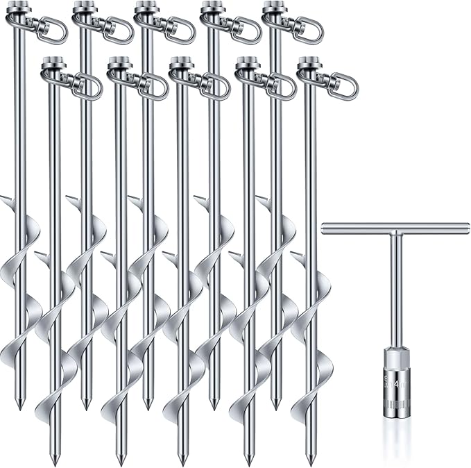 Hiboom 10 Pcs Ground Anchors with T Handle Hex Wrench Trampoline Hook Ground Anchor Screw in Kit Inflatable Outdoor Decorations Accessories for Camping Tents Car Ports Canopies (Silver12 Inch)