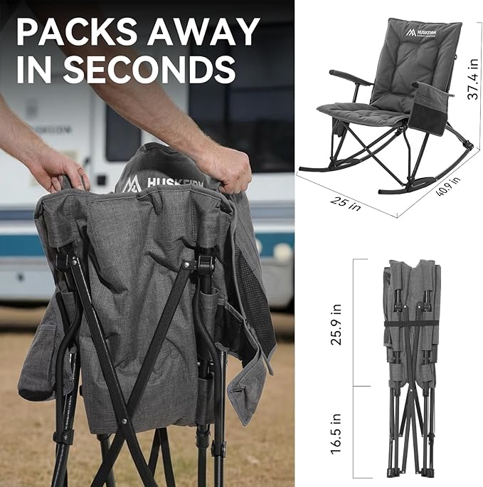 Oversized Rocking Camping Chair Folding Rocking Chair with High Back Padded Outdoor Rocking Chair Heavy Duty Portable Rocker Chair for Camping Lawn and Patio Supports Up to 400 lbs Grey