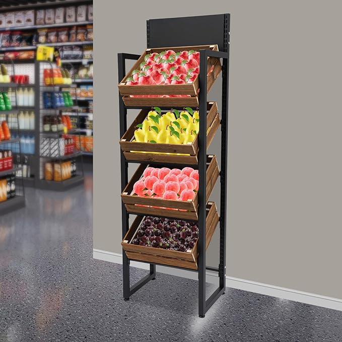 Wood Fruit Basket Stand Vegetable Storage Rack 4-Tier Narrow Snack Rack Stand Farmers Market Stand Retail Store Display Shelves for Kitchen Store Supermarket (Rustic Brown+Black)