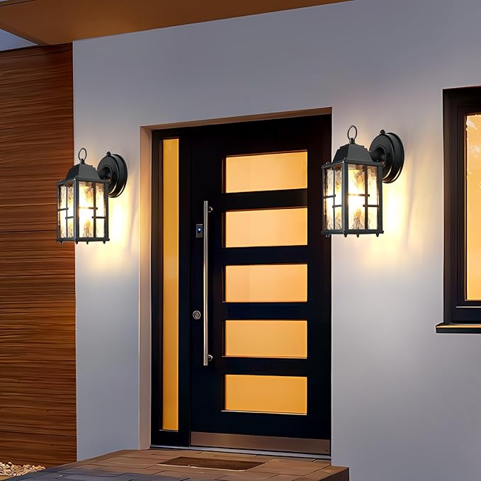 OKELI Dusk to Dawn Outdoor Wall Lights Exterior Waterproof Lantern Front Porch Sconce Lighting with Water Ripple Glass Shade Anti-Rust Wall Lamps Outside Lights for Garage (Black-SIZE-S-2pack)