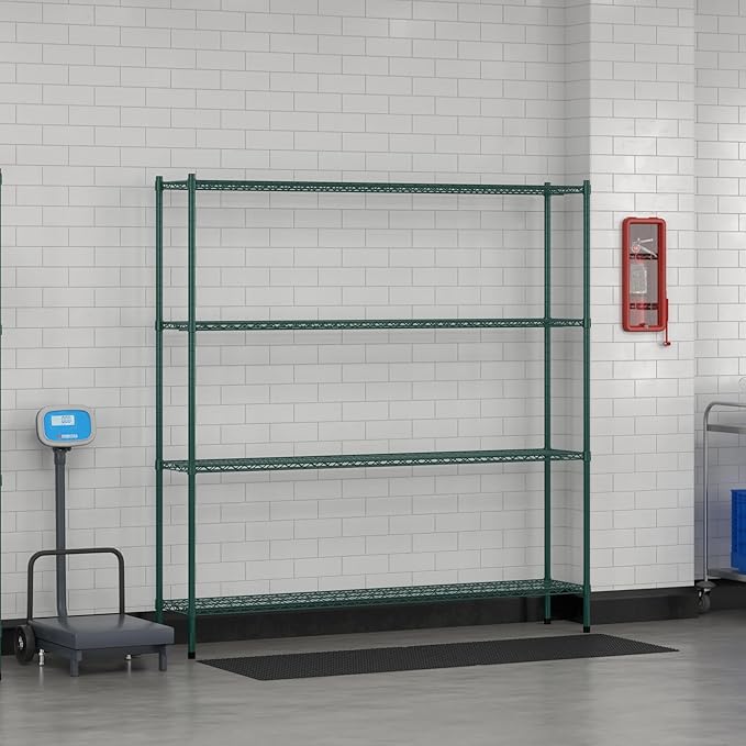 Commercial NSF Listed Green Epoxy Stationary Wire Shelving Kit 14 x 72 x 74 with 4 Shelves Perfect for Warehouse Walk-in Refrigerator Freezer Grocery Store Restaurant Dishroom