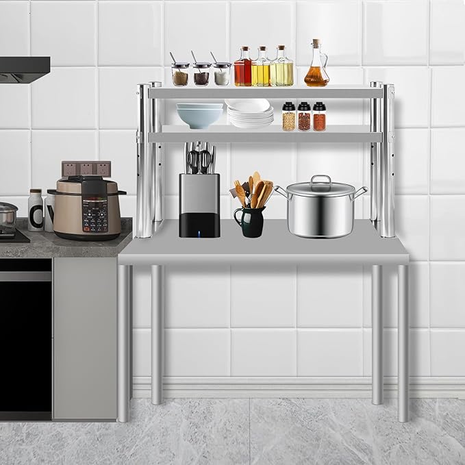 Stainless Steel Double Overshelf 36''L x 12''W Commercial 2 Tier Overshelf Height Adjustable Overshelf for Prep Work Table in Kitchen Restaurant
