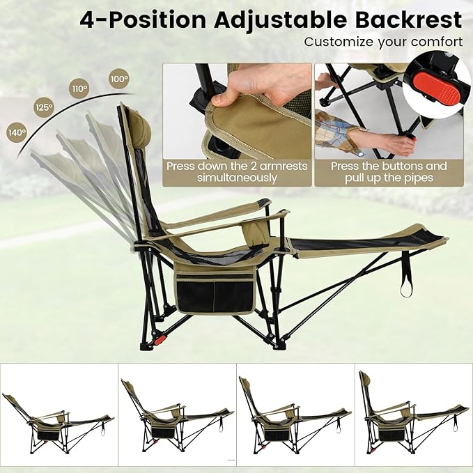 GYMAX Reclining Camping Chairs with Footrest Lightweight Foldable Camping Chairs with Cup Holders Adjustable Backrest Headrest Heavy Duty Camp Chair for Adult Outdoor Fishing Beach (Khaki2)