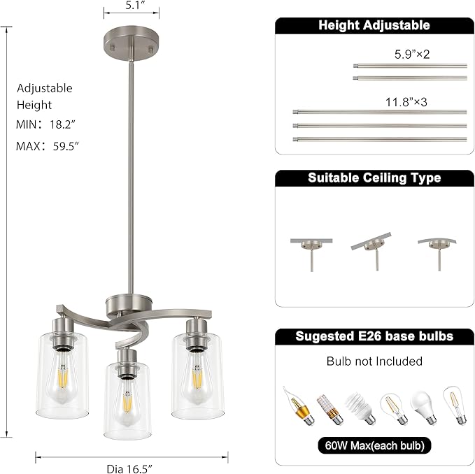 3 Light Brushed Nickel Dining Room Light FixtureModern Kitchen Chandeliers Over TableAdjustable Height Industrial Hanging Pendant Lights for Kitchen Island with Glass Shade