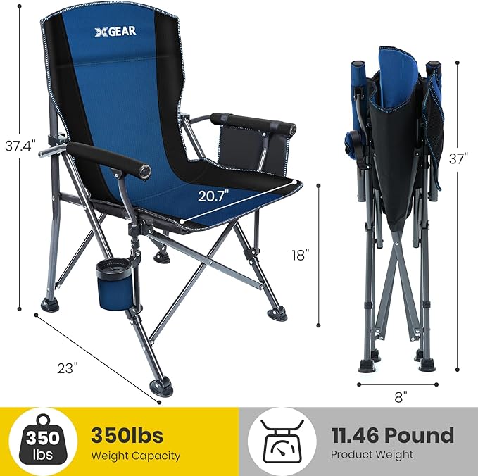 XGEAR Camping Chair with Padded Hard Armrest Sturdy Folding Camp Chair with Cup Holder Storage Pockets Carry Bag Included Support to 400 lbs
