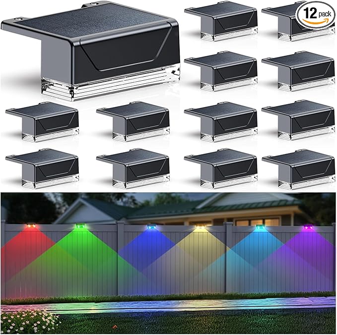 12PK Solar Fence Lights Outdoor Waterproof LED - Warm White &amp RGB 6 Color Dusk to Dawn Deck Light IP65 Waterproof Garden Lights for Outside/Backyard/Railing/Step/Patio/Wall