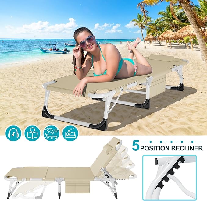 ABORON Folding Camping Cot W/Mat &amp Face Arm Hole for Adults Adjustable Heavy Duty Outdoor Bed1200 D Layer Oxford Travel Camp Cots for Beach Pool LawnYard Patio