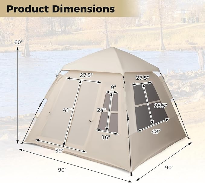 Tangkula 4 Person Camping Tent Instant Pop-Up Cabin Tent with Removable Rainfly Mesh Windows &amp Dual Doors Carrying Bag Portable Outdoor Family Shelter for Picnic Backpacking Traveling