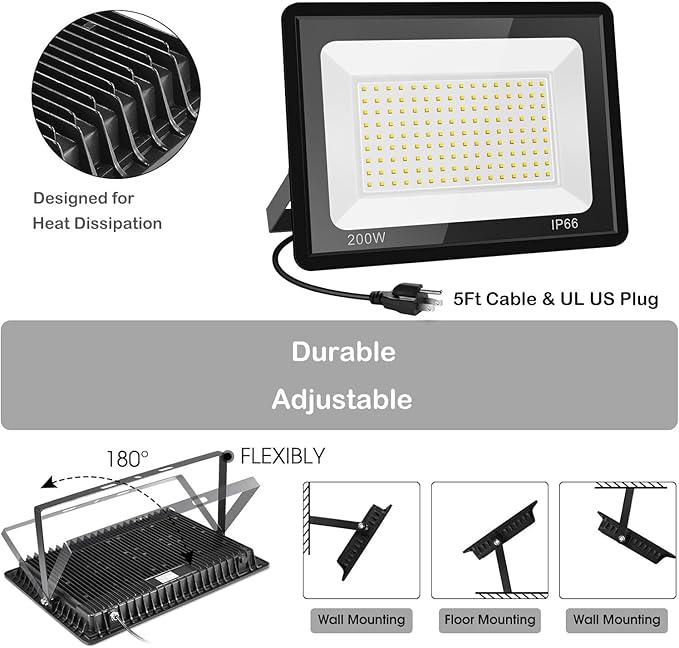 200W LED Flood Lights 2 Pack 3000K Warm White Security Lights Outdoor IP66 Waterproof Backyard Garden Garage