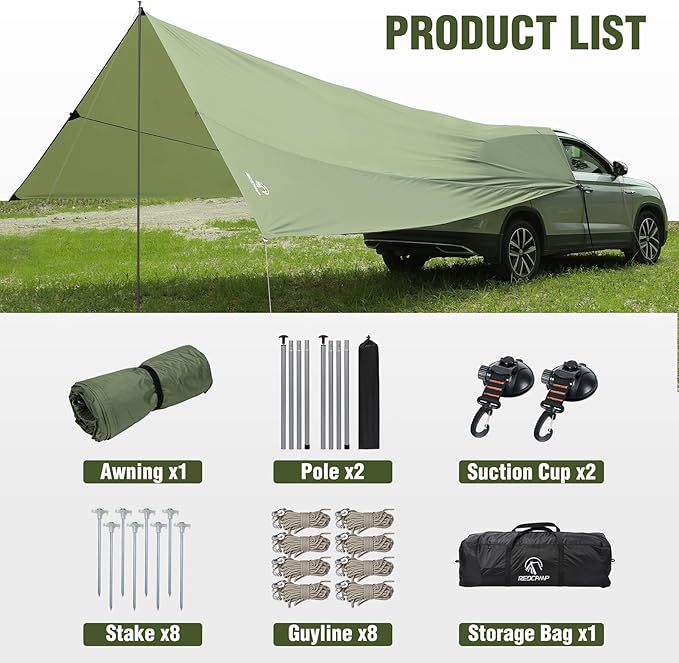 REDACMP 19ft x17ft Large Car Awning Tarp with 2 Poles &amp 2 Suction Cup Hooks Waterproof Camping Tarp Hammock Rain Fly with UV Protection Sun Shelter for SUVVanOverland CampingTailgate CanopyGr