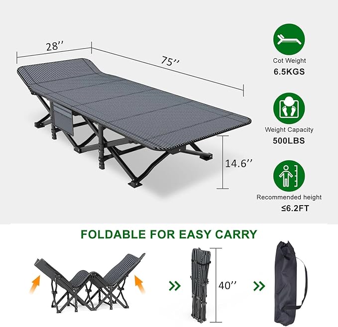 Camping Cot Extra Wide with Thick Mattress Folding Oversized XL 75 L x 28 W x 15 H Heavy Duty Sleeping Bed for Adult