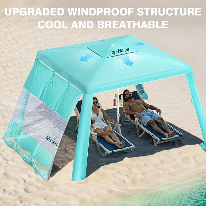 Rhino Valley Beach Cabana 8 * 8FT Beach Shade Canopy Tent UPF50+ Protection Easy Setup Wind Resistant with Cup Holder Portable Foldable Beach Tent Sun Shelter for Whole Family Turquoise Green