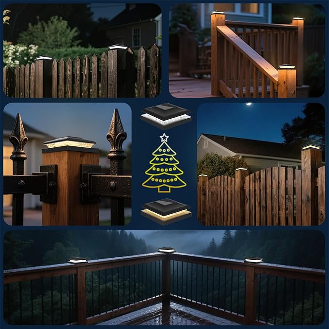 12 Pack Solar Post Cap Lights Outdoor 2 Modes (Warm/White Light) Black Fence Post Solar Powered Lights Waterproof for 5x5 5.5x5.5 6x6 Wooden/Vinyl Posts Decorate Garden Deck Patio Porch