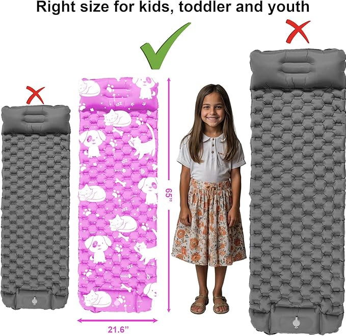 Inflatable Sleeping pad for Kids Toddler and Youth | Air Mattress w Built-in Pump 5’5” Ultralight Sleeping Mat with Pillow for Camping Sleepovers &amp Travel | Airpad Kids Cot Camping Mattress -