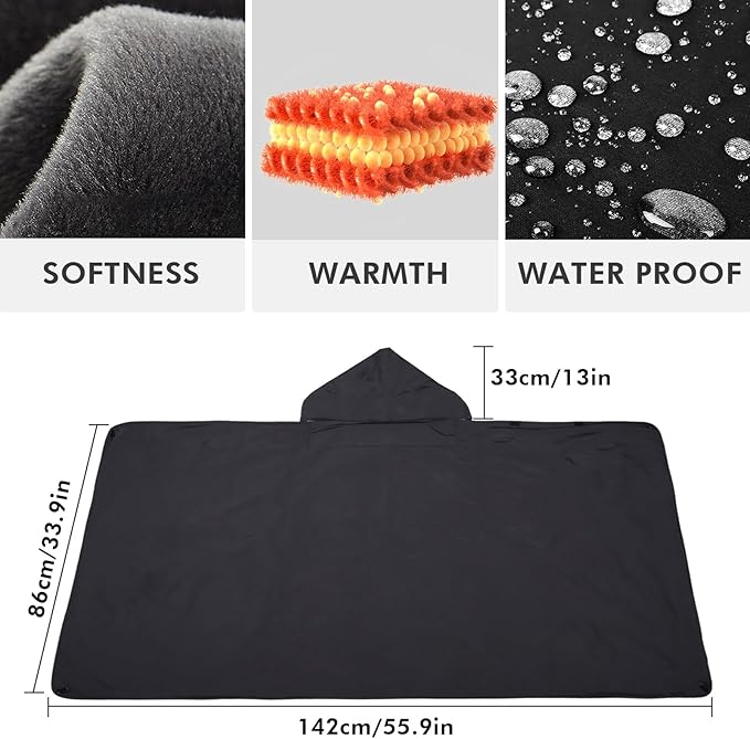 DUKUSEEK Waterproof Heated Blanket 5V Electric Outdoor Fleece Blanket with Hood Windproof Stadium Mat for Camping Picnic Sports Football Concerts 57'' x 36''Black NO Battery NO Charger
