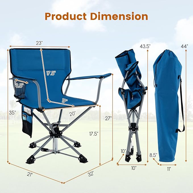 Tangkula Swivel Camping Chair Portable Lawn Chair with Cup Holder Storage Pocket Carrying Bag Lightweight Outdoor Folding Chair for Outside Camp Fishing Hiking Beach No Assembly Needed