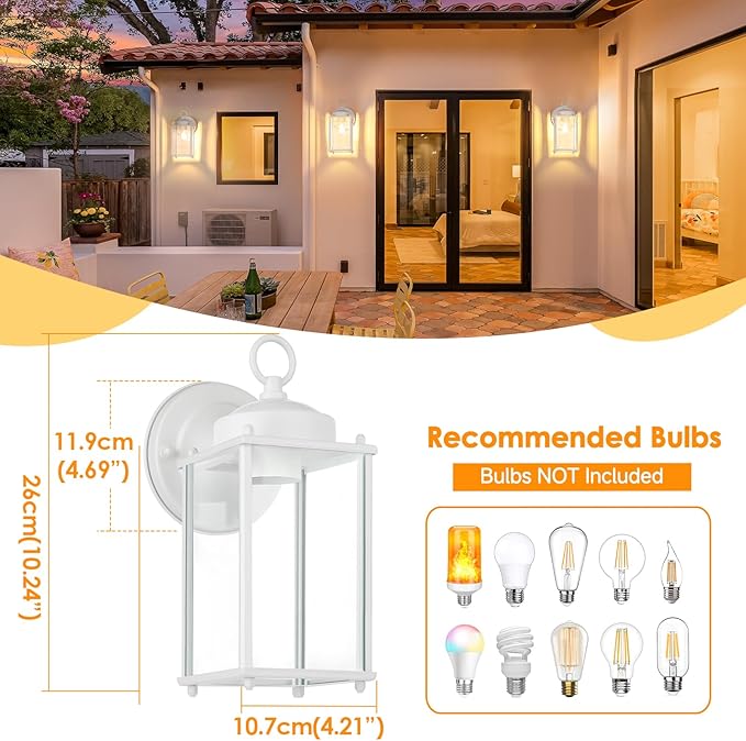 Large Outdoor Wall Lantern Exterior Waterproof Wall Sconce Light Fixtures White Front Door Lighting with Clear Beveled Glass Anti-Rust E26 Socket Porch Lamp 2 Pack