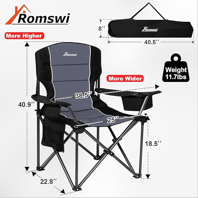 Romswi Oversized Camping ChairsHeavy Duty Support 500 LBSPadded Back &amp Arm Sport Chairs Cup Holder Cooler Bag Collapsible Folding Chairs for Outdoor Fishing &amp Garden Black2-Pack