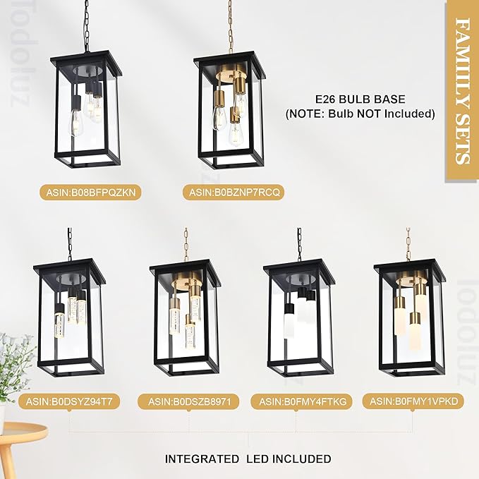 TODOLUZ 3-Light Large Outdoor Pendant Light with Frosted Coloum 5CCT Dimmable Exterior Chandelier Hanging Porch Lighting (3000K/3500K/4500K/5000K/6000K)