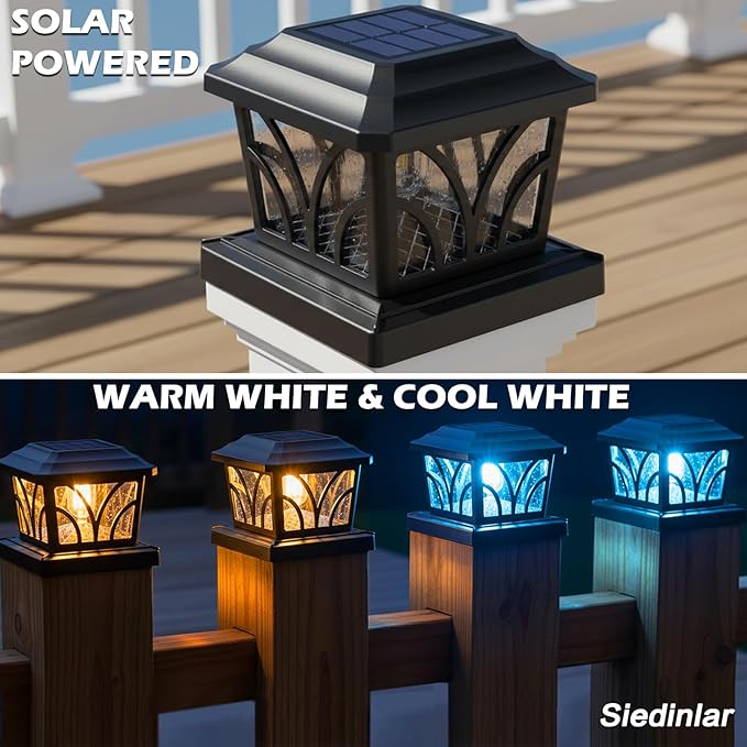 SIEDiNLAR Solar Post Cap Lights Outdoor Aluminum Glass 2 Modes Fence Post Caps for 4x4 5x5 6x6 Vinyl Wooden Posts Fence Deck Patio Decor Warm White/Cool White Lighting 2 Pack (Black)