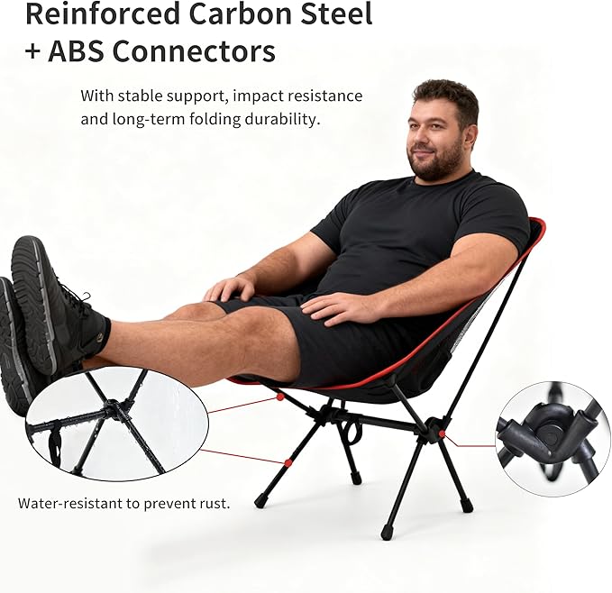 Lightweight Backpacking Folding Chair with Carry BagStable and Sturdy Camping Chairs with Back Support Fishing Hiking and Beach Activities (Low backrest Black and red S)