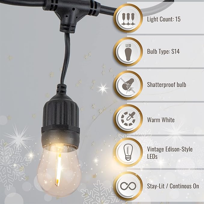 Aurio 48ft Waterproof Outdoor String Lights with Hanging Vintage LED Edison Bulbs - Commercial Grade Patio Lights for Cafe Ambiance - 36 in Light Spacing