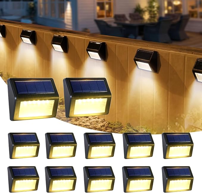 Bright Solar Fence Lights 12 Pack Outdoor Step Lights IP65 Waterproof 3000K Warm-White Dusk to Dawn Outdoor Lighting with 6 LED for Wall Garage Patio Exterior Porch