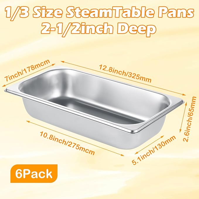 LANIAKEA 6PCS Hotel Pans Stainless Steel Steam Table Pan Restaurant Supplies 1/3 Size x 2.5 inch Deep Stainless Steam Table Pans Hotel Pan Trays for Food Party Catering Supplies