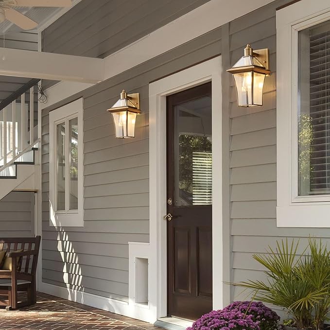 Waterproof Brass Outdoor Wall Lanterns (2-Pack) - E26 Socket &amp Glass Shade Exterior Wall-Mounted Lights Rustproof Modern Sconces for Front Door Porch Yard &amp Entryway