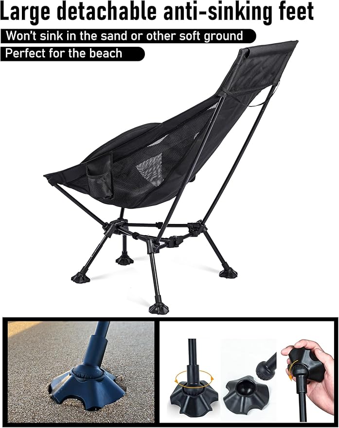 WildCall Lightweight Folding High Back Camping Chair with Head Support Compact Beach Chair with Anti-Sinking Large Feet and Three Tilt Angles Adjustment