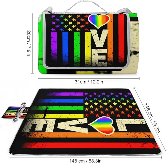 American Flag Rainbow Lesbian Gay Love Pride Waterproof Outdoor Picnic Blanket Sandproof Beach Mat for Camping Hiking Grass Travelling