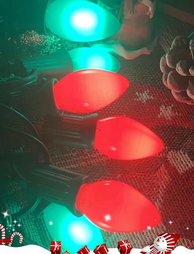 C7 Outdoor Christmas Lights - 25ft Red and Green Christmas Lights with 27 Ceramic Bulbs(2 Spare) Waterproof Extendable Christmas Tree Lights for Indoor Party Backyard Xmas LightGreen Wire