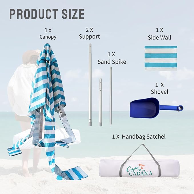 CROWN SHADES Beach Cabana 6.5 x 6.5 Umbrella Canopy Tent Easy Pop Up - Beach Cabanas for Sand - UPF50+ Protection with Sidewall and More Pockets Cyan Blue