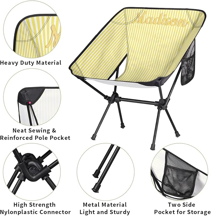 Custom Portable Camping Chair Compact Lightweight Personalized Folding Chair for Travel Beach Picnic Backpacking Hiking Yellow Stripes