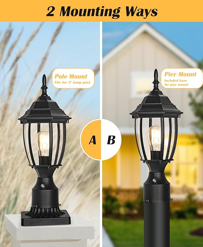 Hardwired 120V Dusk to Dawn Outdoor Post Light 2 Pack Waterproof Aluminum Pole Light Fixture with Pier Mount Base Exterior Lamp Post Lantern Head with Clear Glass for Garden Yard Patio Pathway