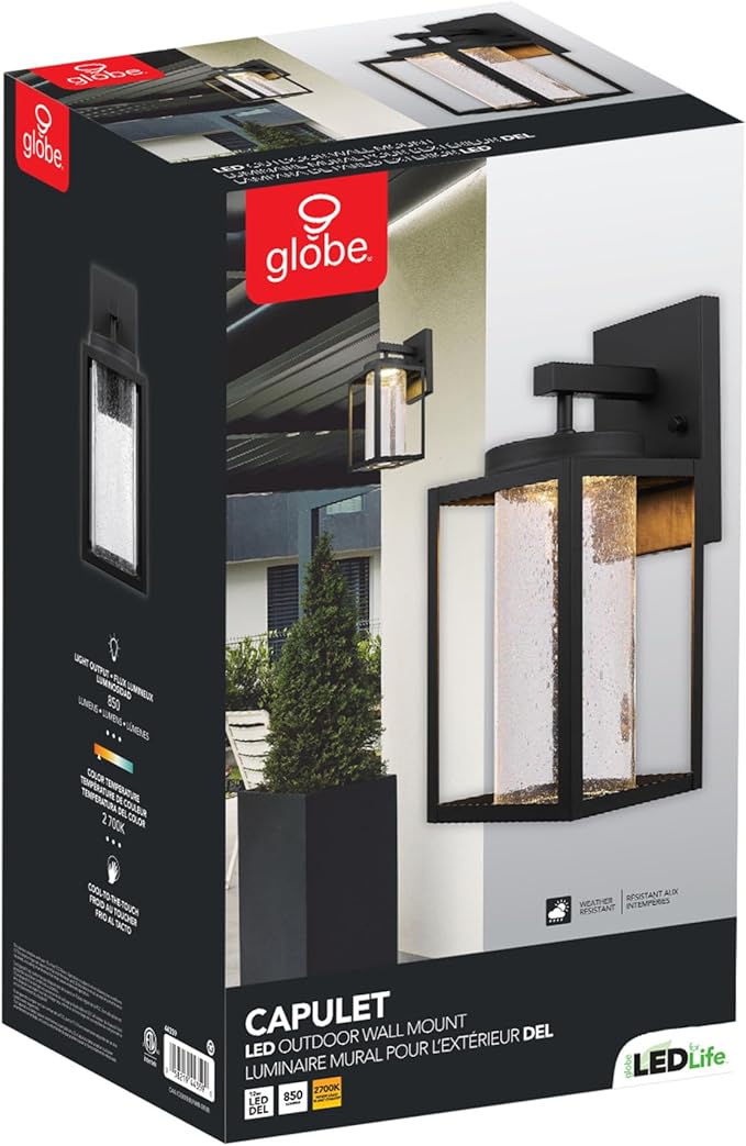 Globe Electric 44359 Capulet LED Integrated Outdoor Indoor Wall Sconce Black Clear Bubble Glass Center Column Dimmable 12W 850 Lumens