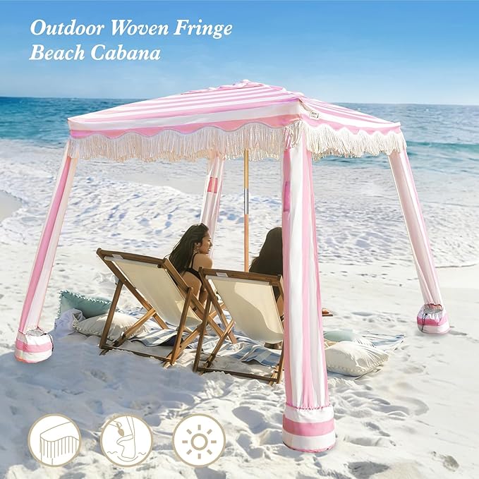 AMMSUN Beach Cabana with Fringe 6.5' x 6.5' Boho Beach Canopy with Tassels Easy Set up &amp Premium Wood Pole Cabana Tent with Sand Pockets Instant Sun Shade for Sand Garden Pink Rose Stripes