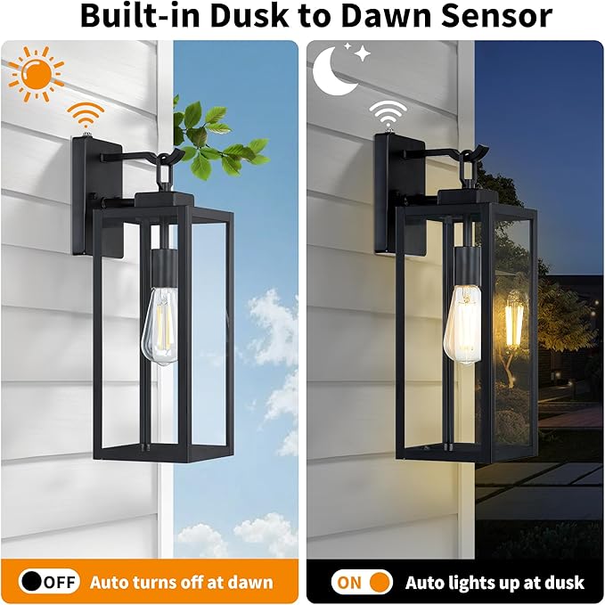 GRUENLICH Dusk to Dawn Outdoor Wall Light Fixtures 18 Inch Black Exterior Waterproof Porch Sconce Lighting E26 Socket &amp Tempered Glass Double Extra Large Size Wall Lantern for Patio Garage 1-P